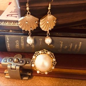 Vintage gold, pearl earring brooch set